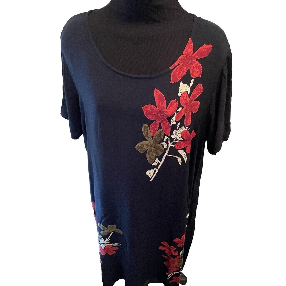 Vintage La Cera Floral Short Sleeve MuMu Midi Dress Rayon Red Black Boho Size L